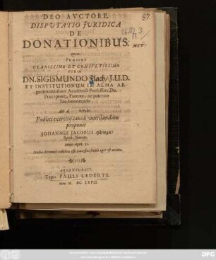 Deo Auctore, Disputatio Iuridica De Donationibus