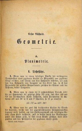 Mathematische Aufgaben zum Gebrauche in den obersten Klassen höherer Lehranstalten : aus den bei Reifeprüfungen an preußischen Gymnasien und Realgymnasien gestellten Aufgaben und mit Hinzufügung der Ergebnisse (II. Teil) zu einem Übungsbuche vereint, 1. Aufgaben