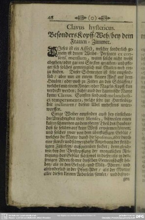 Clavus hystericus. Besonders Kopff-Weh, bey dem Frauen-Zimmer
