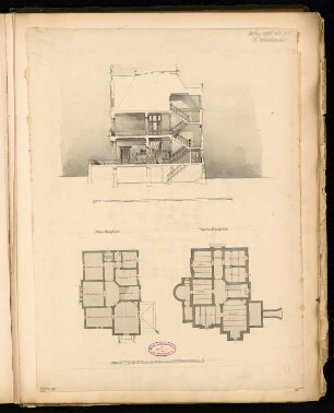 Villa für M. Katzenstein, Bielefeld Monatskonkurrenz März 1884: Grundriss Keller, Obergeschoss, Querschnitt; 2 Maßstabsleisten