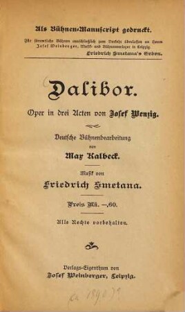 Dalibor : Oper in drei Acten