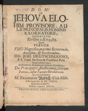 De Jehova Elohim Provisore, Aulae Principalis Hominis Exornatore, Dissertatio Ex Gen. c. II. v. 9. seq.