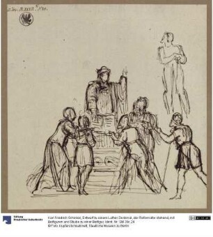 Entwurf zu einem Luther-Denkmal, der Reformator stehend, mit Beifiguren und Studie zu einer Beifigur