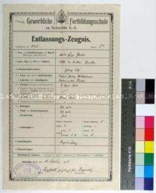 Entlassungszeugnis der Gewerblichen Fortbildungsschule zu Schmölln für den Malerlehrling Kurt Gerber