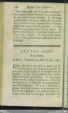 Lettre CXXXVI. A la même. A Paris, Vendredi 29. Avril au soir, 1672