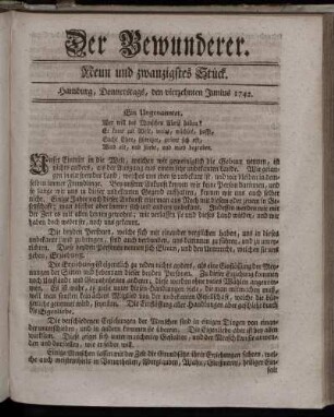 Neun und zwanzigstes Stück. Hamburg, Donnerstags, den vierzehnten Junius 1742.