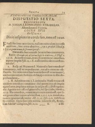 Vindiciarum Theologicarum Disputatio Sexta. Respondente M. Johan-Leonhardo Ströbelio, ...