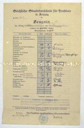 Zeugnis der Staatsbauschule für Hochbau Leipzig - Personenkonvolut