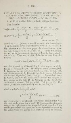 Remarks on certain series occurring in a paper "On the deductions of series from infinite products", pp. 138-142.