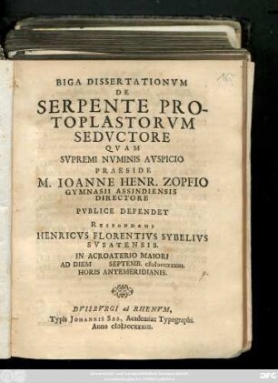 1: Biga Dissertationvm De Serpente Protoplasmorvm Sedvctore