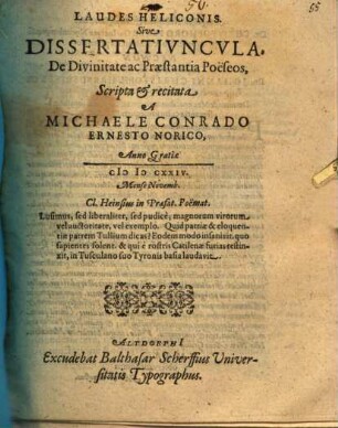 Laudes Heliconis sive dissertatiuncula de divinitate ac praestantia poëseos