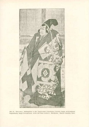 Sharaku: Schauspieler in der Tracht eines Vornehmen (Yeboshi, Kappe mit Stirnband; Nagabakama, langes Untergewand, worin die Füsse stecken). Mittelgross. Samml. Koechlin, Paris