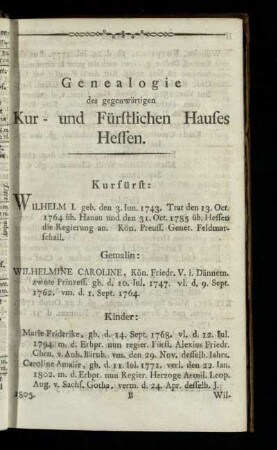 Genealogie des gegenwärtigen Kur- und fürstlichen Hauses Hessen