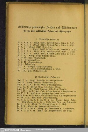 Erklärung gebrauchter Zeichen und Abkürzungen für in- und ausländische Orden- und Ehrenzeichen