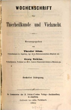 Wochenschrift für Tierheilkunde und Viehzucht. 6. 1862