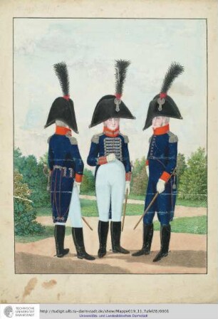 Abbildung Des Gros[s]herzoglich Hessischen Militair. [Tafel 28: Garde du Corps; Drei Stabsoffiziere]. S.l.e.a. [ca. 1813/14]
