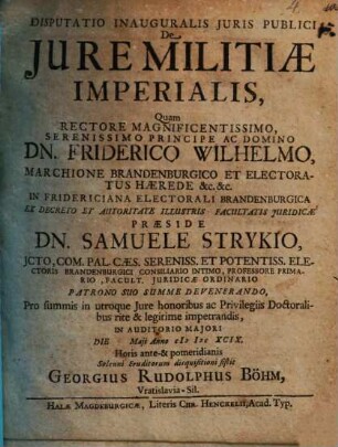 Disputatio Inauguralis Juris Publici De Jure Militiæ Imperialis