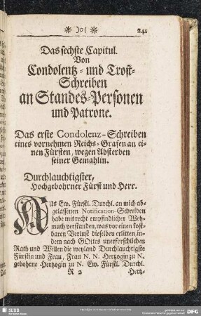 Das sechste [i.a. achte] Capitul. Von Condolentz- und Trost-Schreiben an Standes-Personen und Patrone
