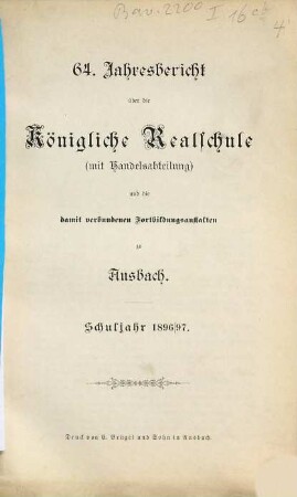 Jahresbericht über die Realschule mit Handelsabteilung zu Ansbach. 1896/97