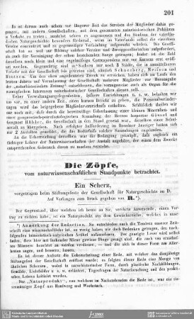 Die Zöpfe, vom naturwissenschaftlichen Standpunkte betrachtet. : Ein Scherz, vorgetragen beim Stiftungsfeste der Gesellschaft für Naturgeschichte zu D.