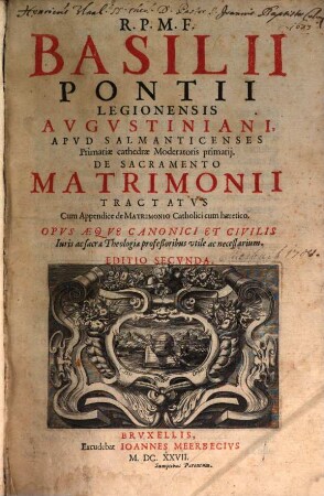 Basilii Pontii De Sacramento matrimonii Tractatus