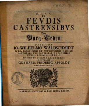 De Fevdis Castrensibvs : = Von Burg-Lehen