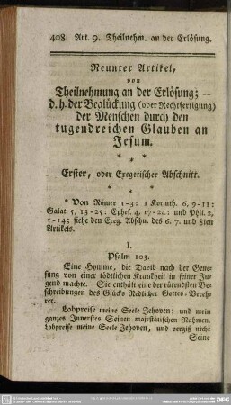 Neunter Artikel, von Theilnehmung an der Erlösung; - d. h. der Beglückung (oder Rechtfertigung) der Menschen durch den tugendreichen Glauben an Jesum