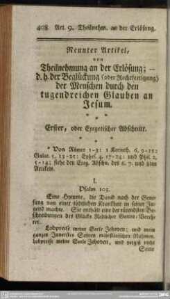 Neunter Artikel, von Theilnehmung an der Erlösung; - d. h. der Beglückung (oder Rechtfertigung) der Menschen durch den tugendreichen Glauben an Jesum