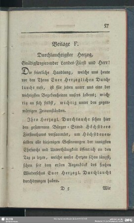 Beilage F. Durchlauchtigster Herzog, Gnädigstregierender Landes-Fürst und Herr!