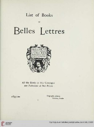 List of books in Belles Lettres published by John Lane