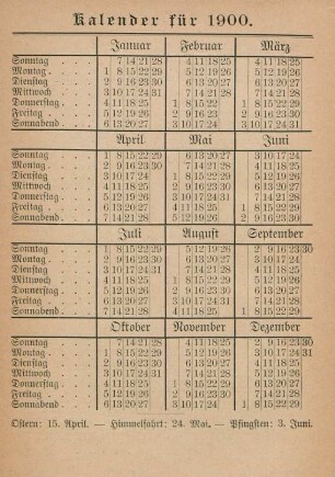 Kalender für 1900