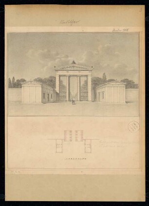 Stadttor Monatskonkurrenz Januar 1828: Grundriss, perspektivische Ansicht stadtseitig; Maßstabsleiste