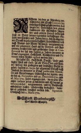 Nachdeme bey dem zu Nürnberg vorwährenden löbl. Craiß-Convent der einhellige Schluß gefasset worden, daß wegen der ... Zügeuner ... vigiliret werden solle ... : [Onolzbach den 2. Martii 1712.]