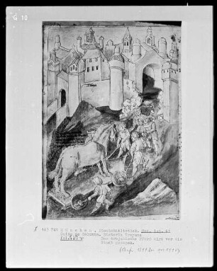 Guido de Columna, Historia Troiana — Das trojanische Pferd wird vor die Stadt gezogen, Folio 167verso
