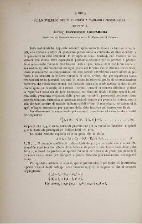 Sullo sviluppo delle Funzioni a variabili piccolissime.