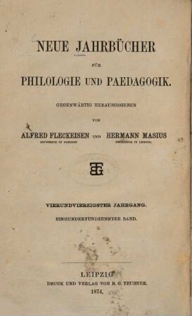 Neue Jahrbücher für Philologie und Pädagogik. 110 = Jg. 44 = Jg. 20. 1874