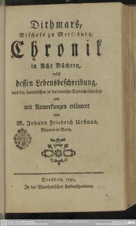 Dithmars, Bischofs zu Merseburg, Chronik in Acht Büchern