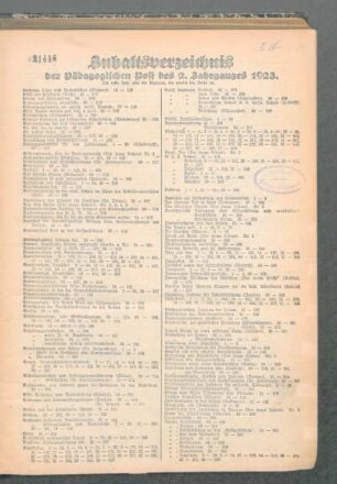 Inhaltsverzeichnis der Pädagogischen Post des 2. Jahrganges 1923