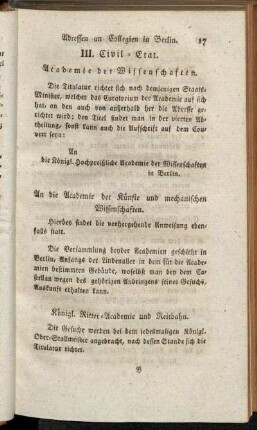 III. Civil-Etat. Academie der Wissenschaften.