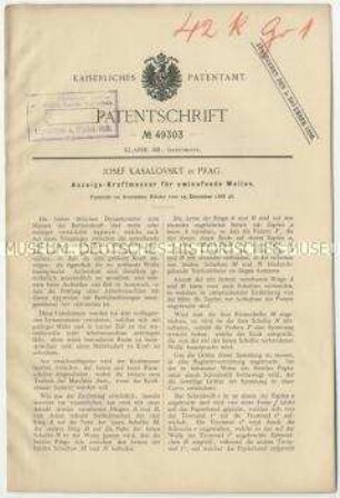 Patentschrift eines Anzeige-Kraftmessers für umlaufende Wellen, Patent-Nr. 49303