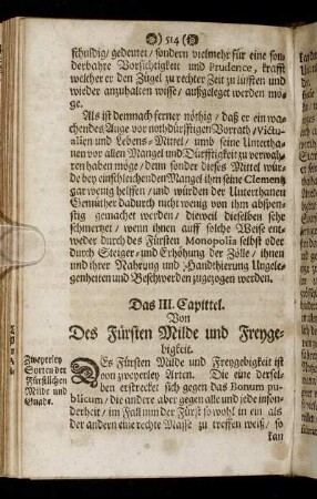 Das III. Capittel. Von Des Fürsten Milde und Freygebigkeit.