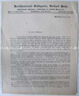 Rundschreiben der DNVP mit dem Aufruf zu Spenden für den Wahlkampf 1919