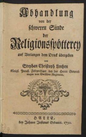 Abhandlung von der schweren Sünde der Religionsspöttery