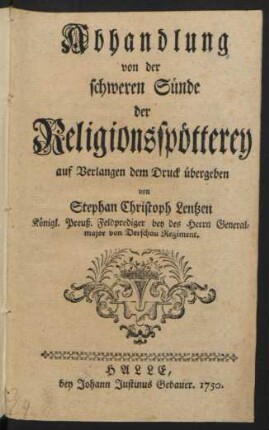 Abhandlung von der schweren Sünde der Religionsspöttery