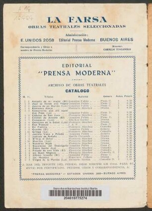 Catálogo : Archivo de obras teatrales. Editorial "Prensa Moderna"