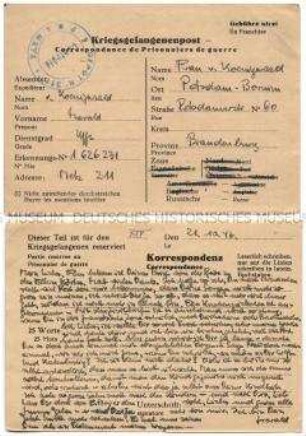 Vordruck-Postkarte von Harald von Koenigswald aus dem Kriegsgefangenenlager Metz-Obreck an seine Frau - Familienkonvolut