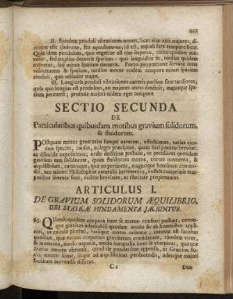 Articulus I. De Gravium Solidorum Æquilibrio, Ubi Staticæ Fundamenta Jaciuntur.