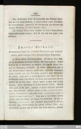 Zweiter Abschnitt. Namensverzeichnis der Eisleber Gelehrten und Schriftsteller, nebst einigen ihrer vorzüglichern Schriften.