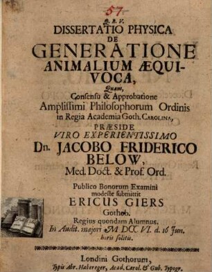 Diss. phys. de generatione animalium aequivoca