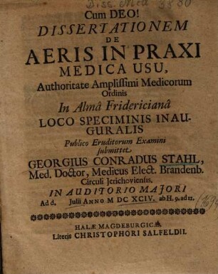 Dissertationem De Aeris In Praxi Medica Usu
